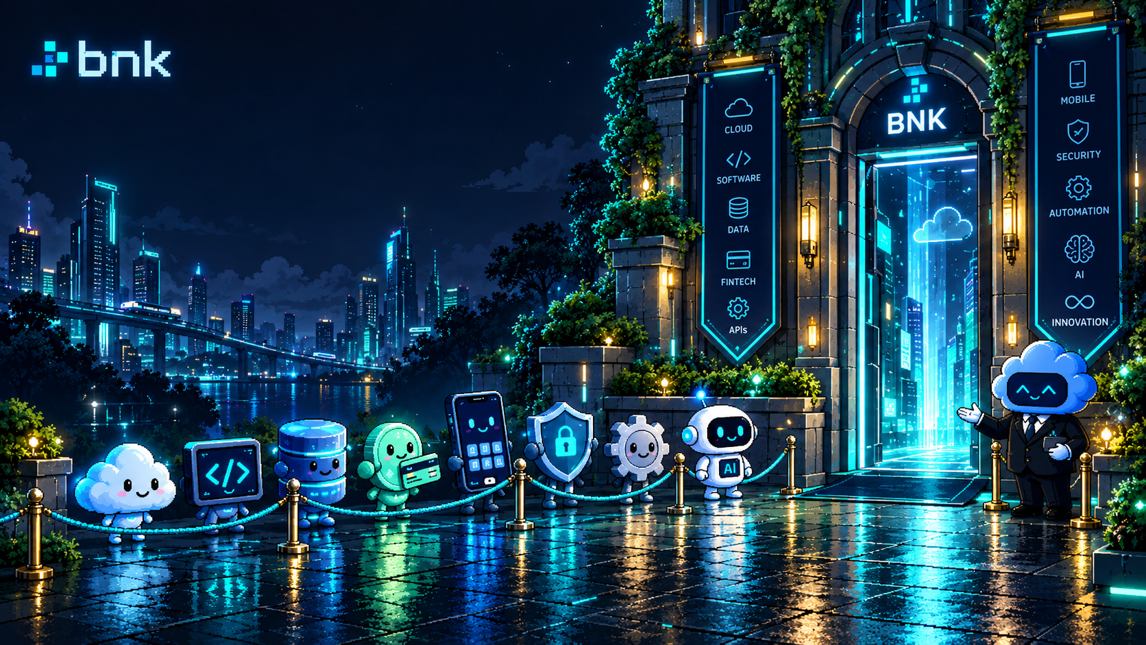 Portal BNK e mascotes de tecnologia em uma cidade iluminada em azul